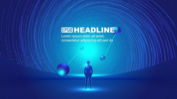 Vector businessman facing vortex cosmic starry sky future technology concept illustration