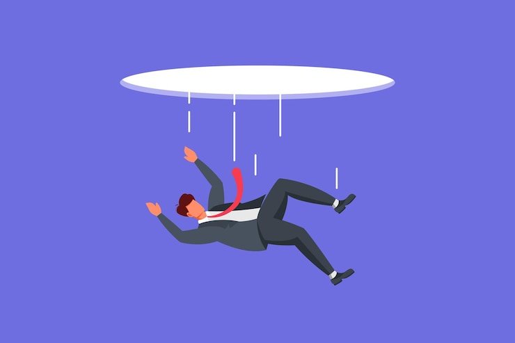 Vector businessman falling down from a hole on a purple background vector illustration