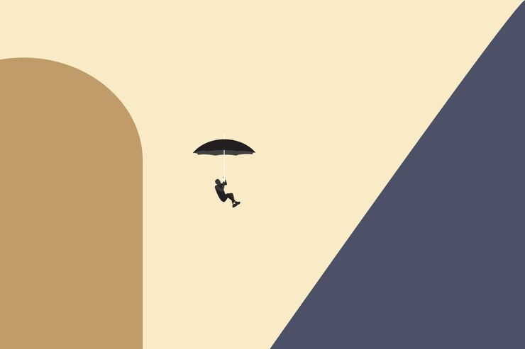 Vector businessman falling down from the sky with umbrella business and financial crisis vector concept in minimalist art style symbol of recession bankruptcy market crash