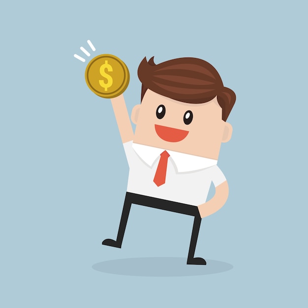 Businessman feeling happy while holding dollar coin