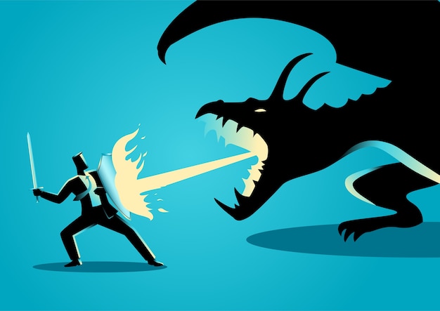 Businessman fighting a dragon