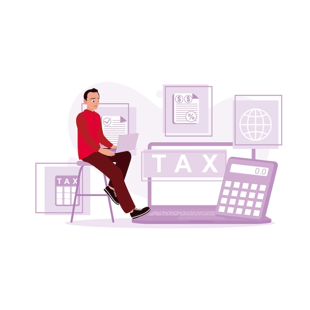 Vector businessman fills out income tax payment forms online on a laptop tax concept