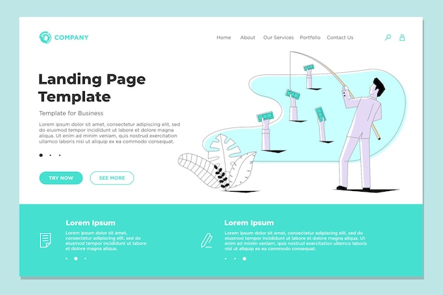 Vector businessman fishing money receiving investment profit website landing page design. finance crowdfunding or fundraising concept template vector illustration