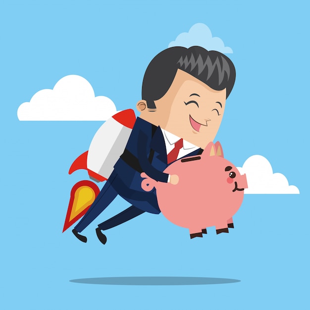 Businessman flying jetpack with piggy