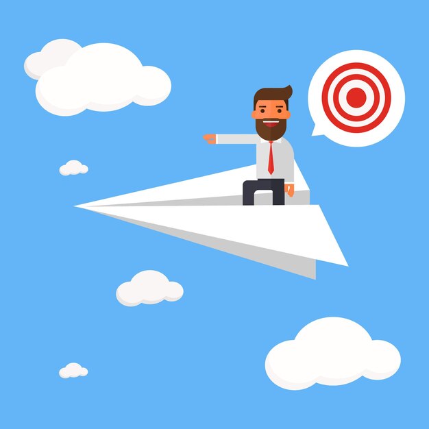businessman flying on paper plane and pointing to success