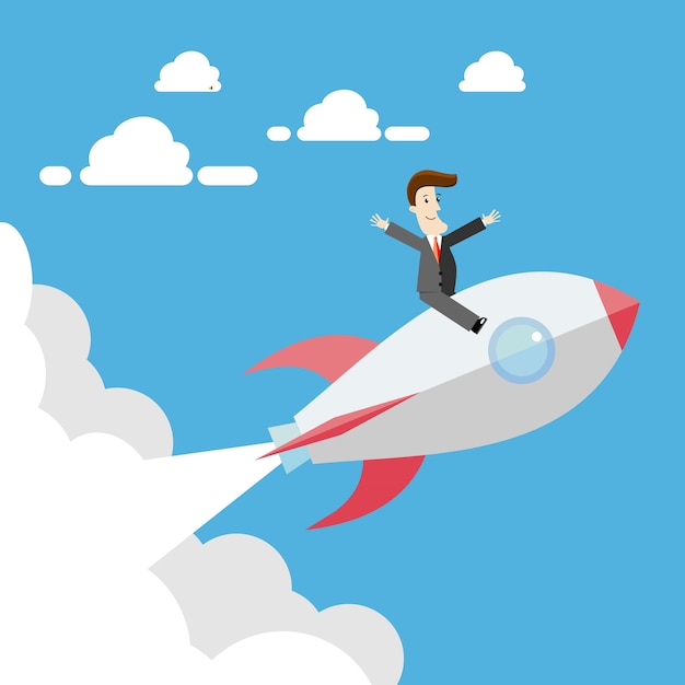 Vector businessman flying on rocket. business concept illustration