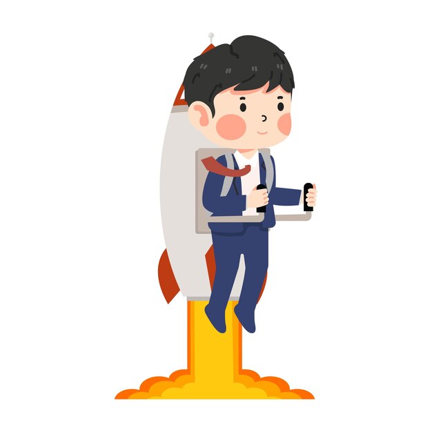 Businessman flying up by rocket