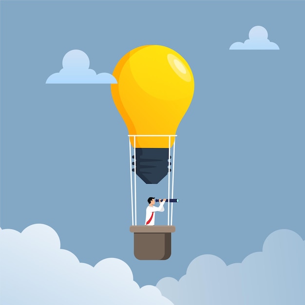 Businessman flying with air balloon bulb illustration. business concept.