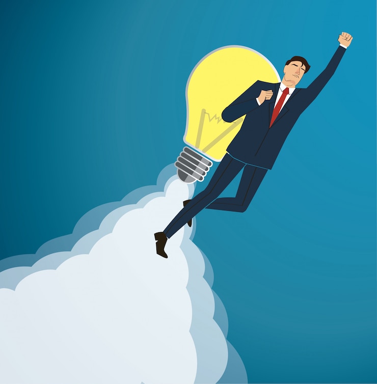 वेक्टर businessman flying with a light bulb to successful
