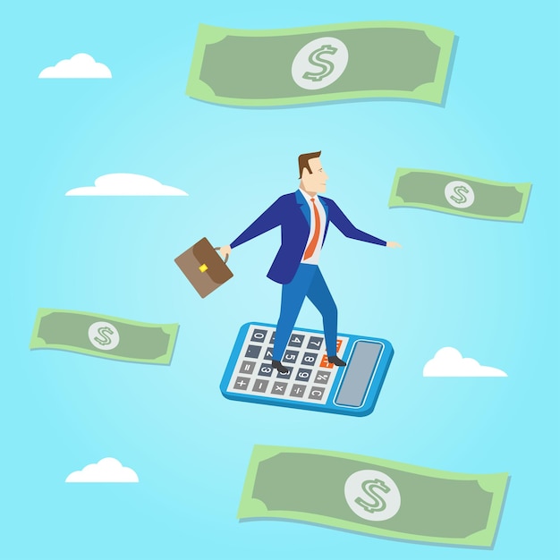 Бизнесмен летит с бумажными деньгами и облаками на синем фоне Векторная иллюстрация