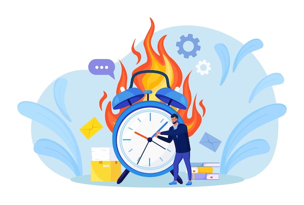 Vector businessman in formal suit is trying to stop time. deadline. time management and productivity, multitasking. many work and few time. employee in a hurry. panic and stress in office. business problems