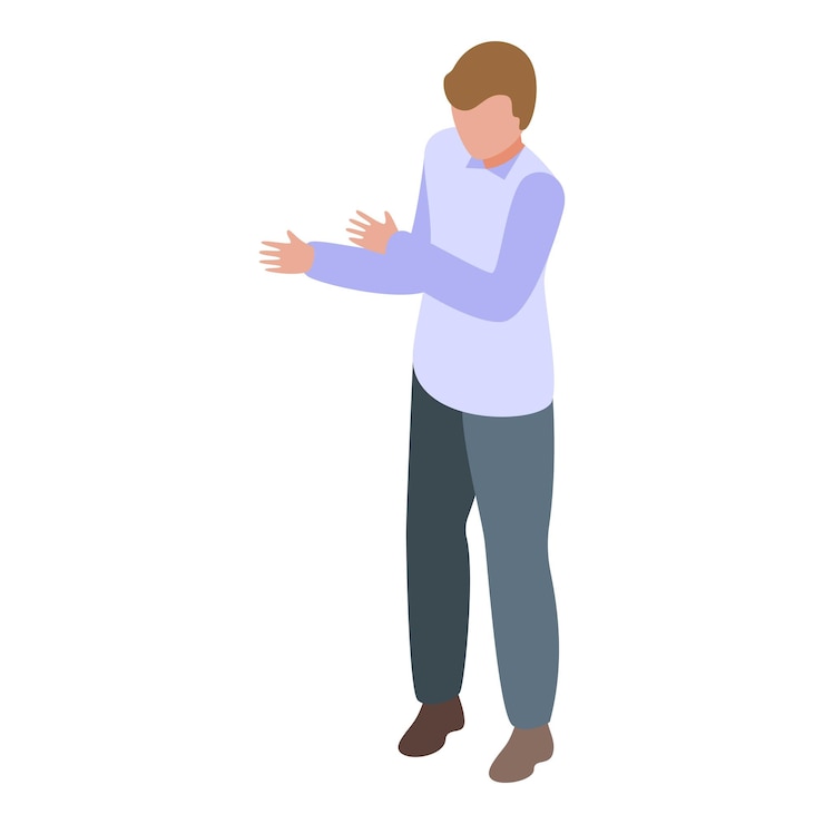 Vector businessman gesturing with hands presenting something isometric icon