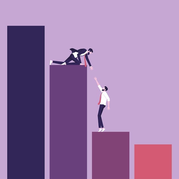 Businessman giving a helping hand to coworker representing support help other climb up