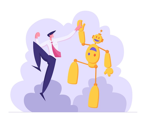 Businessman giving high five to robot illustration