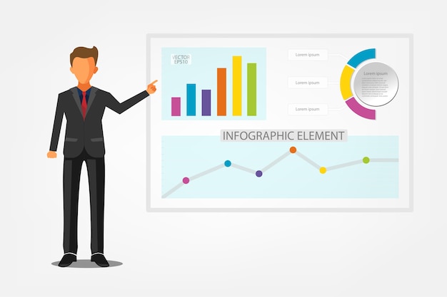 Vector businessman giving a presentation with a chart statistic.