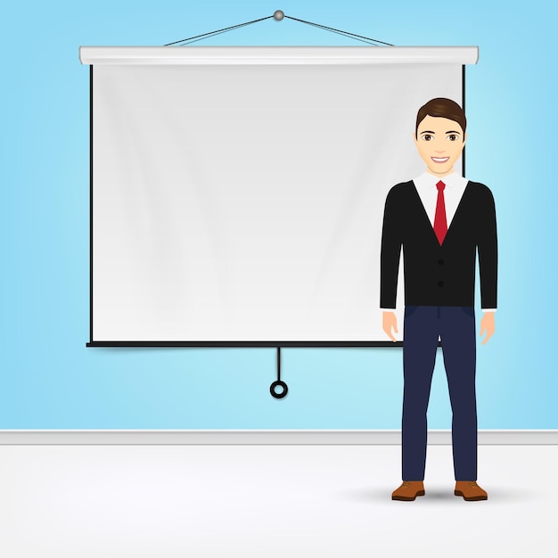 Uomo d'affari che fa una presentazione con la lavagna bianca dello schermo del proiettore concetto di presentazione illustrazione vettoriale