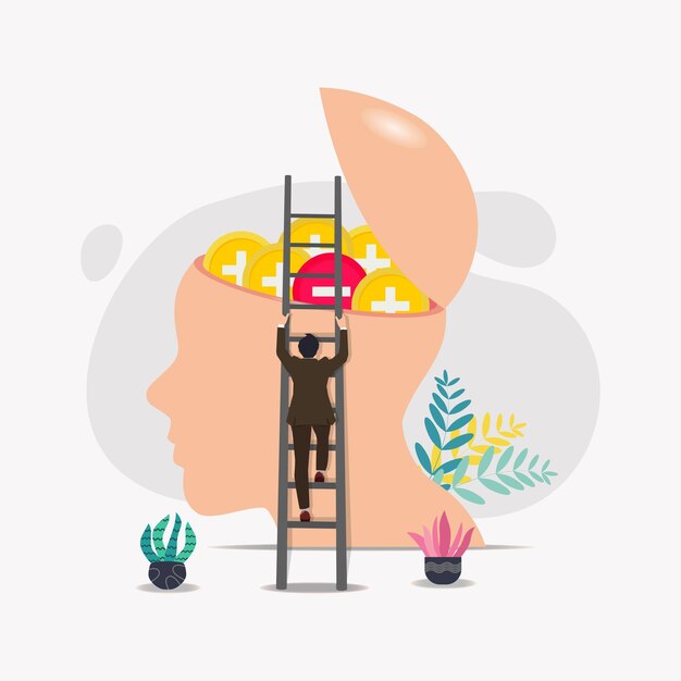 Businessman going up stairs to take negative thought get rid of negative thoughts concept vector illustration