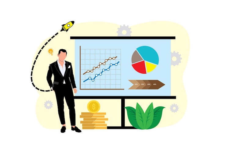 Vector businessman and graph on screen vector illustration in flat style