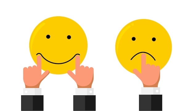 Vector businessman hand finger stretch pull on mouth lips on smiley face smile and sad emotion like rating. online feedback reputation quality customer review concept flat style. vector illustration eps