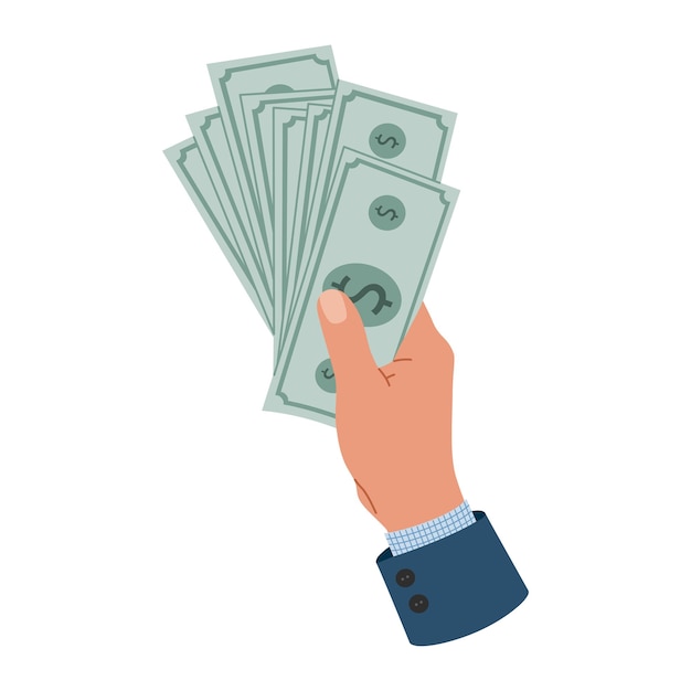 Businessman hand holding dollar money banknotes hand drawn vector illustration