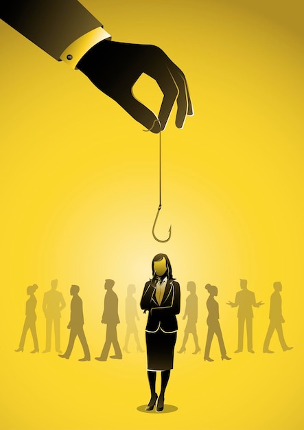 Businessman hand holding hook lures businesswoman manipulation in business danger trap concept