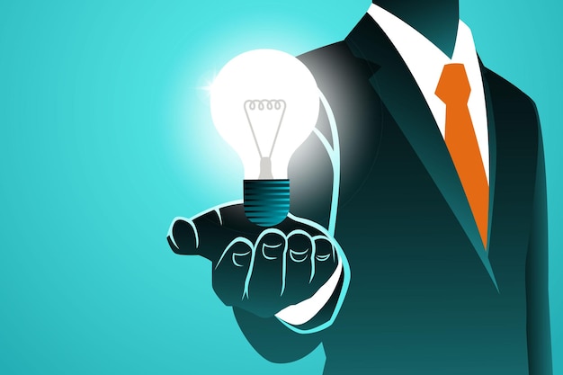 Businessman hand holding lightbulb isolated on blue