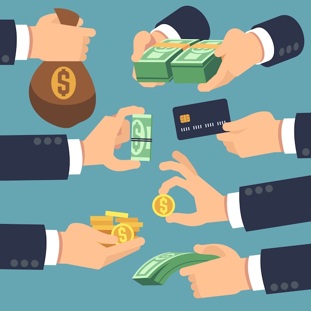 Businessman hand holding money. Flat icons for loan, paying and cash back concept. Vector money cash, pay and giving illustration