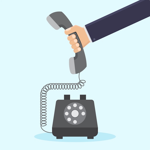 Vector businessman hand holding retro telephone flat illustration