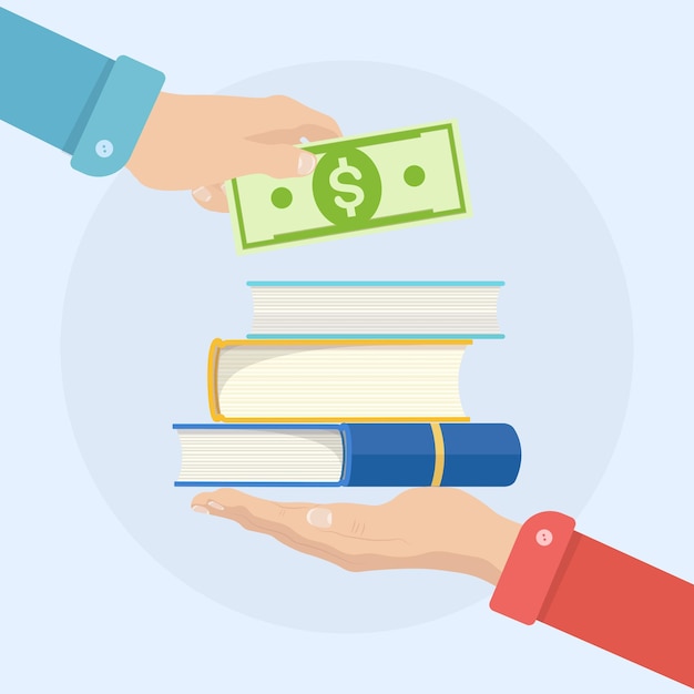 Vector businessman hand holds money and buying books. payment for education, studying