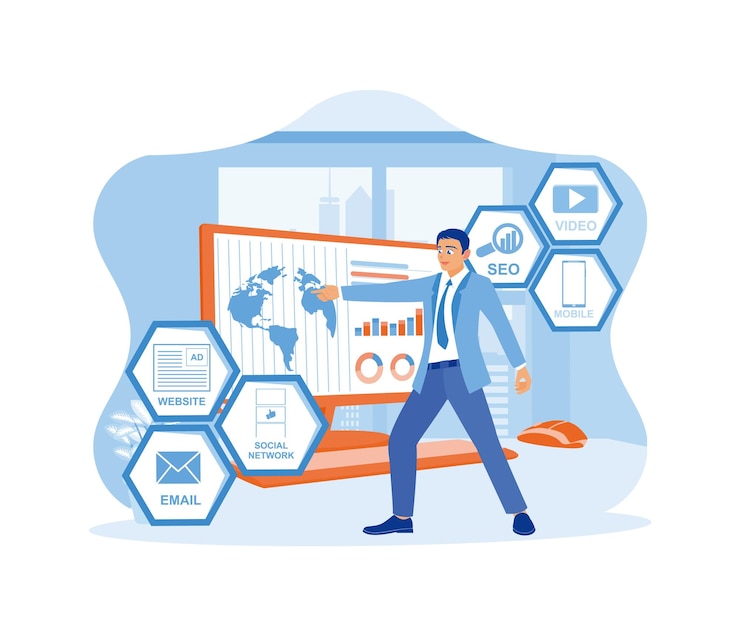 Vector businessman hand is pointing at the computer screen digital marketing media concept