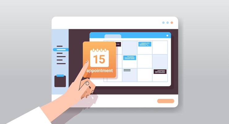 Vector businessman hand planning day scheduling appointment in calendar on tablet screen time management 