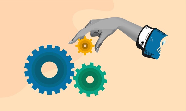 Vector businessman hand put important gear or cogwheel to make machine run good business solution to fix