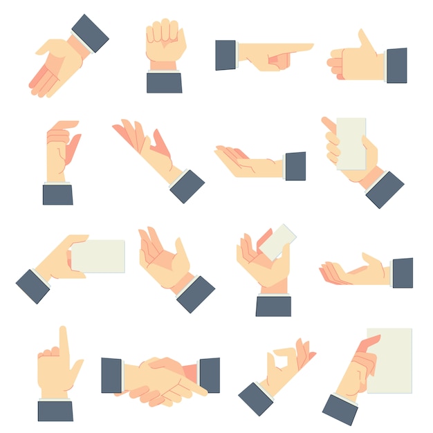 Gesti delle mani dell'uomo d'affari. direzione che indica mano, dando gesto e tenuta della manciata nell'insieme maschio dell'illustrazione del fumetto delle mani