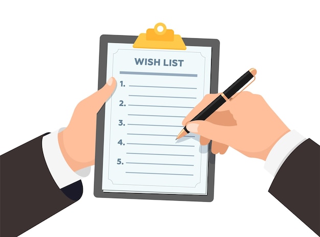 Businessman hands holding clipboard with wish list business man with pen writes down wishes on paper