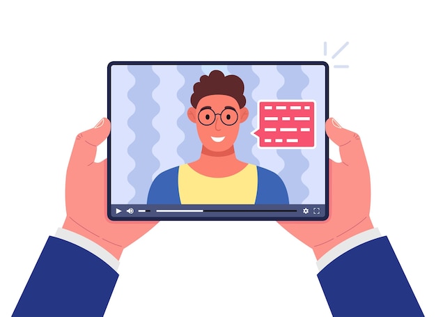 画面上のオンライントレーニングでタブレットを保持しているビジネスマンの手ビデオで話している男遠隔教育オンライン学習の概念ベクトルillustrationxA