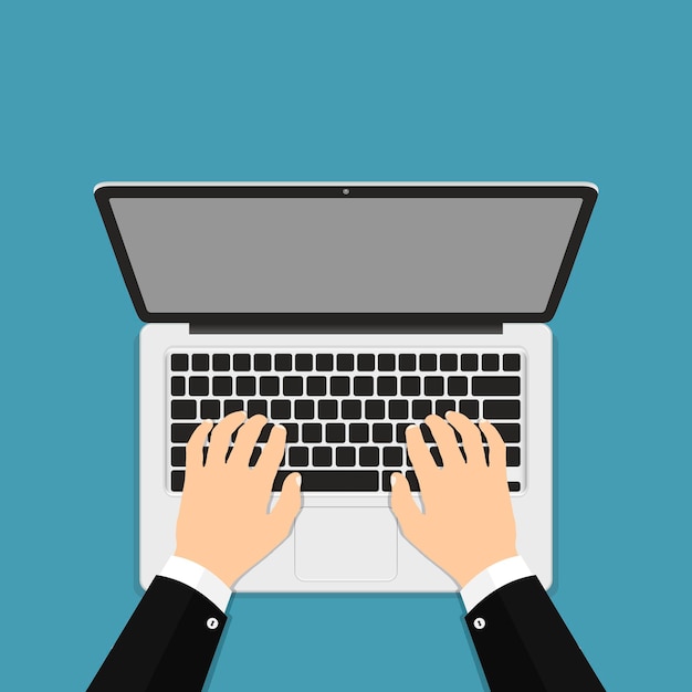 Businessman hands on laptop keyboard with blank screen monitor. Flat style vector illustration.