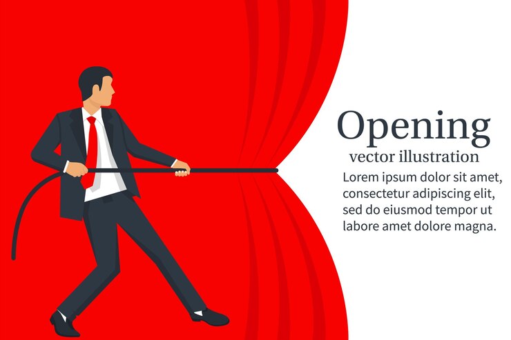 वेक्टर businessman hands pull rope red cloth grand opening concept vector illustration flat design isolated on white background ceremony celebration presentation and event