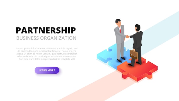 Businessman handshake on puzzle partnership concept isometric 3d vector illustration