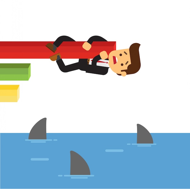 Businessman hanging over sharks