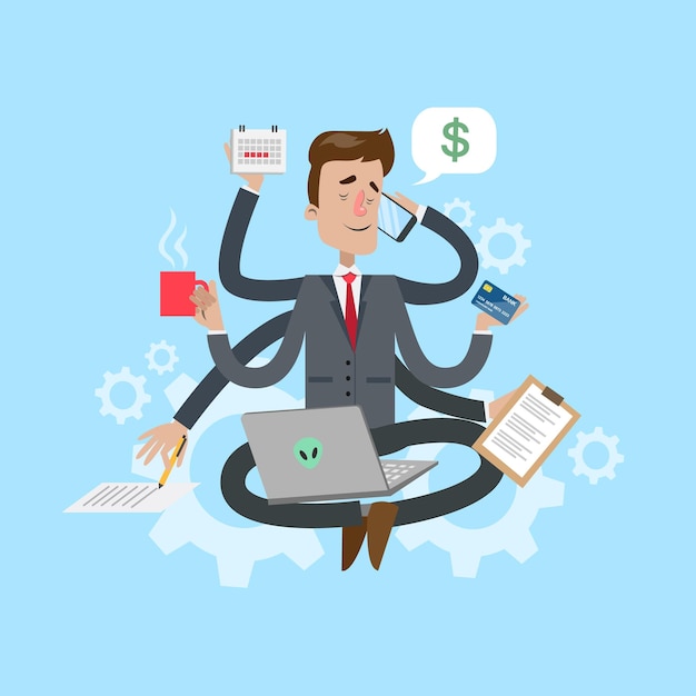 Businessman in harmony multitasking man in lotus pose with six hands