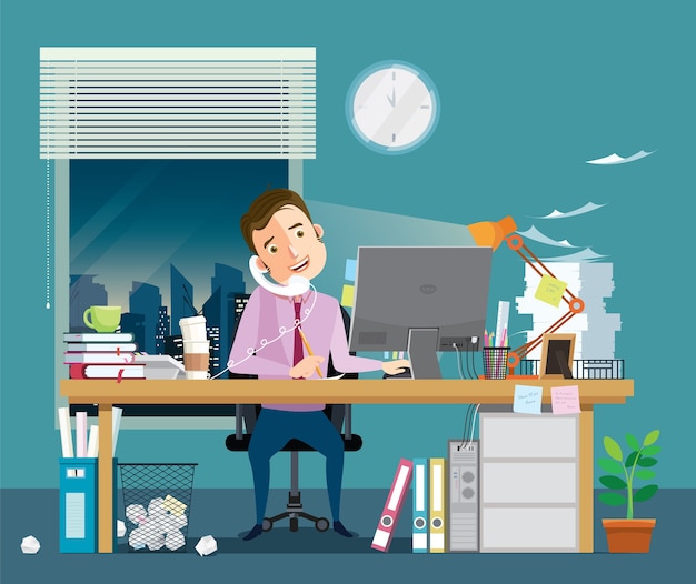  businessman has a lot of work and document in office.