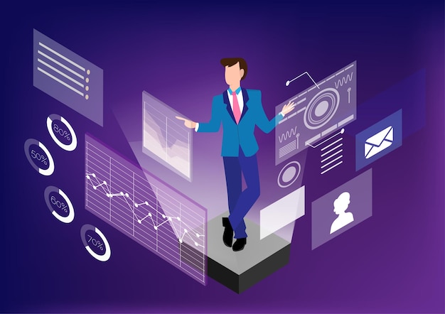 Businessman he checks hologram graph in abstract blue purple gradient background vector digital concept