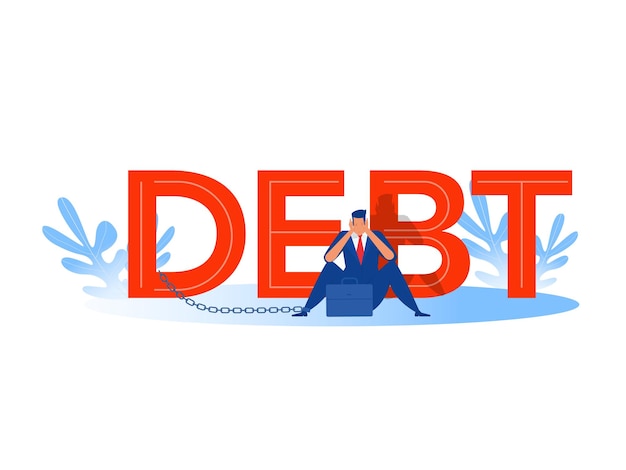 Businessman headache, stress, crisis financial with debt word background.