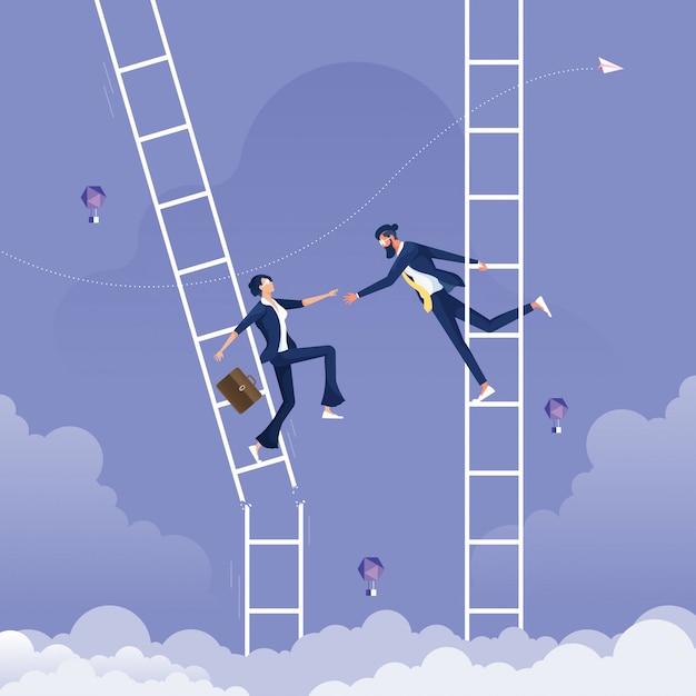 Businessman help another businesswoman who is on broken ladder-help and support concept