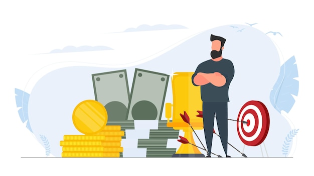 The businessman hits the target. Hit the center of the target with an arrow. Businessman with a mountain of money. Business concept of motivation and achievement. Vector.