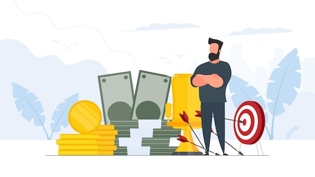 The businessman hits the target. Man Hits the center of the target with an arrow. Businessman with a mountain of money. Business concept of motivation and achievement. Vector.