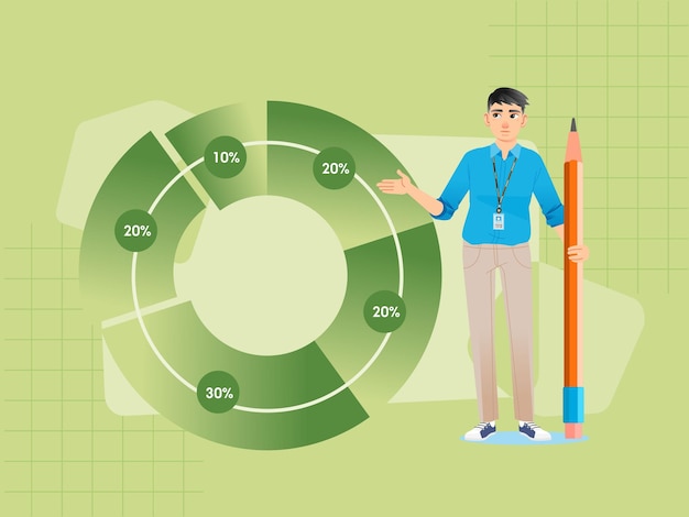 Бизнесмен держит карандаш, указывая на круговую диаграмму во время презентации, объясняя круговую диаграмму vector flat
