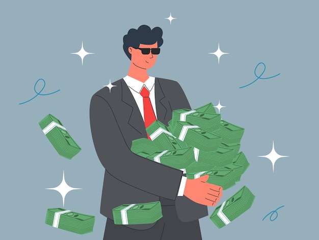 businessman hold piles of money investment profit and earning
