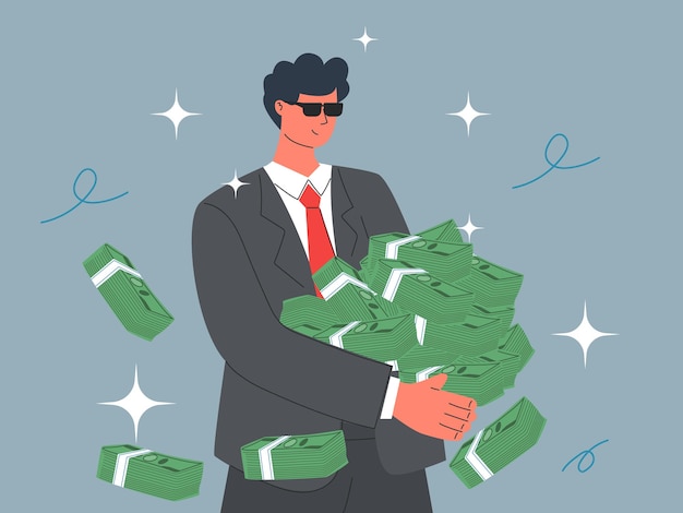 Businessman hold piles of money investment profit and earning