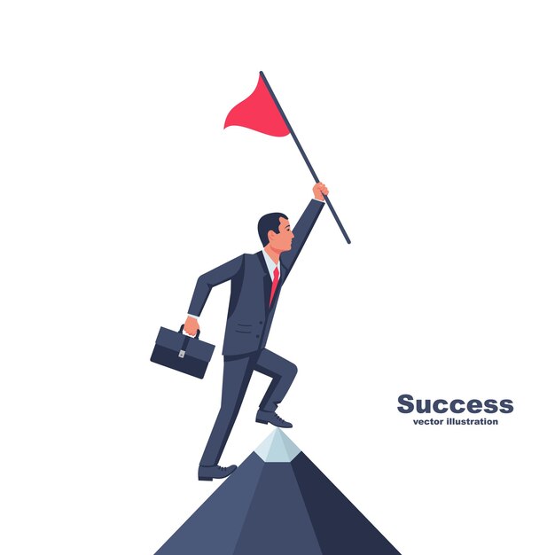 Vector businessman hold red flag on top of mountain goal mountain peak as a symbol successfull mission